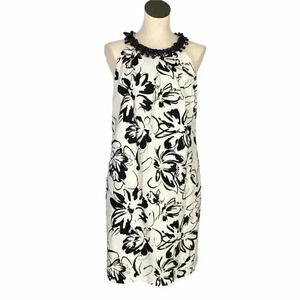 Chetta B Shift Dress Womens 12 Black White Floral Beaded Cotton Sleeveless Party